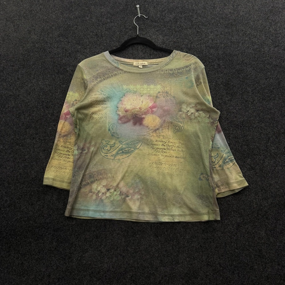 Vintage Xcit USA Women Green Floral Script Graphic Rhinestone Top Medium